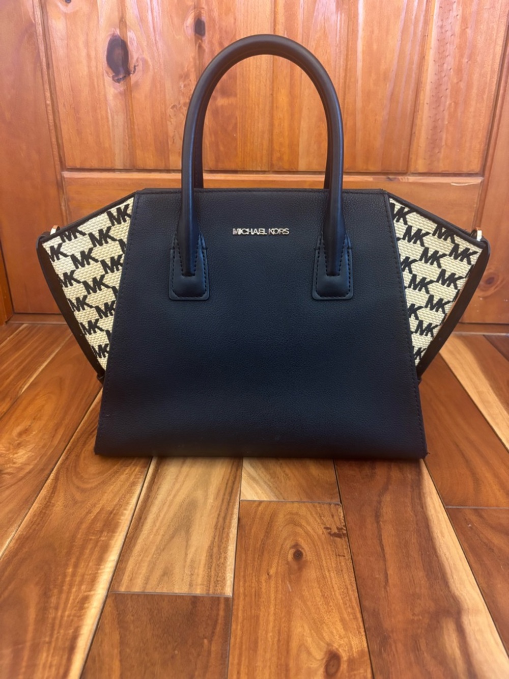 MICHAEL KORS Black Leather Satchel with MK Signature Canvas Sides